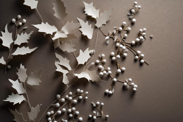 Un bouquet de perles blanches et de feuilles sur un marron