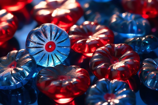 Un bouquet de perles de verre rouges et bleues avec un bouton rouge au milieu