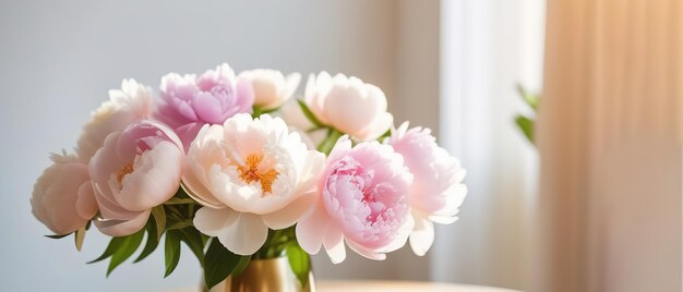 Bouquet de pion blanche et rose clair printemps été bannière espace pour le texte espace de copie fenêtre lumière du soleil v