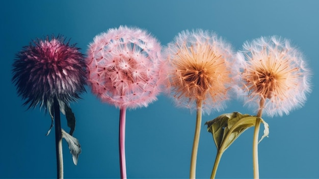 Un bouquet de pissenlits colorés avec un qui dit "pissenlit" dessus