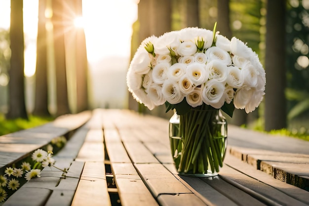 Bouquet de pivoines blanches sur une table en bois.