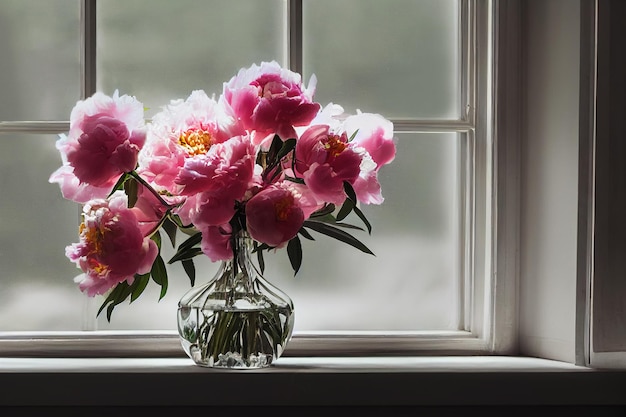 Bouquet de pivoines dans un vase en verre sur la fenêtre