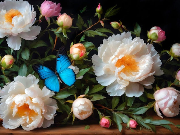 Un bouquet de pivoines est sur la table. De beaux papillons bleus volent de près.