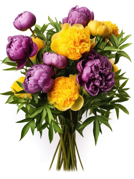 Bouquet de pivoines jaunes et violettes sur fond blanc