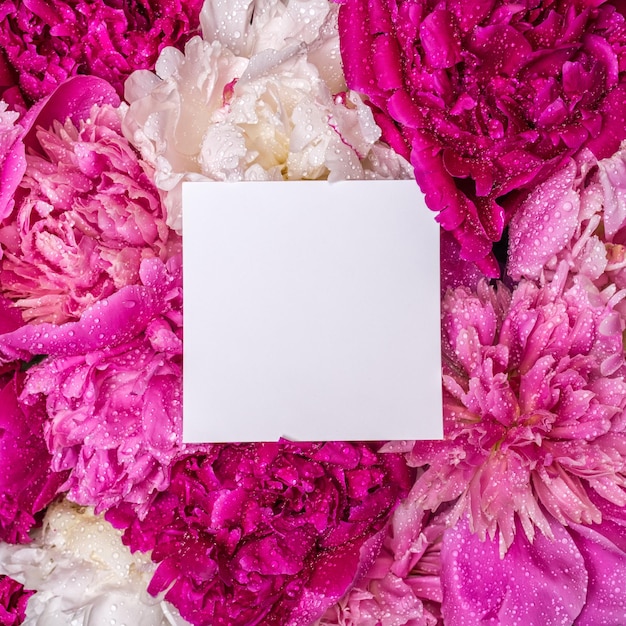 Un bouquet de pivoines et une note à l'intérieur de fleurs violettes printanières