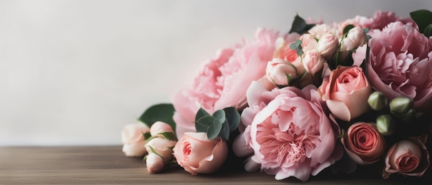 Un bouquet de pivoines roses sur une table en bois