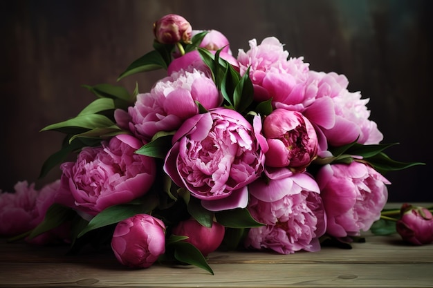 Un bouquet de pivoines roses sur une table en bois