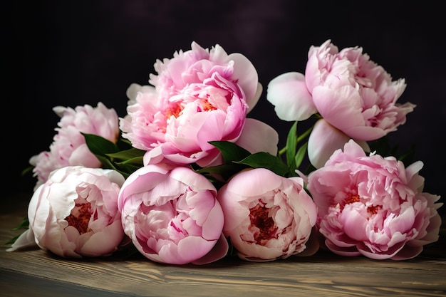 Un bouquet de pivoines roses sur une table en bois