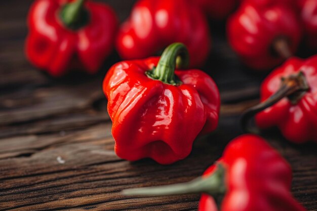 Photo un bouquet de poivrons rouges sur une table en bois