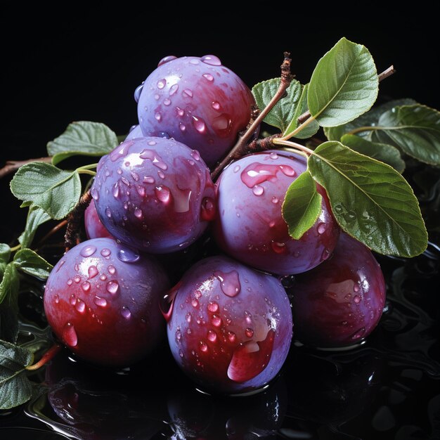 Photo bouquet de prunes arafées avec des gouttelettes d'eau dessus ia générative