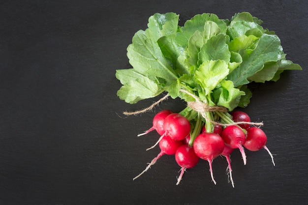 Bouquet de radis frais sur un plat en ardoise. Vue de dessus. Espace de copie.