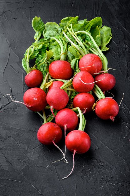 Bouquet de radis rouge avec jeu de feuilles vertes, sur fond de pierre noire