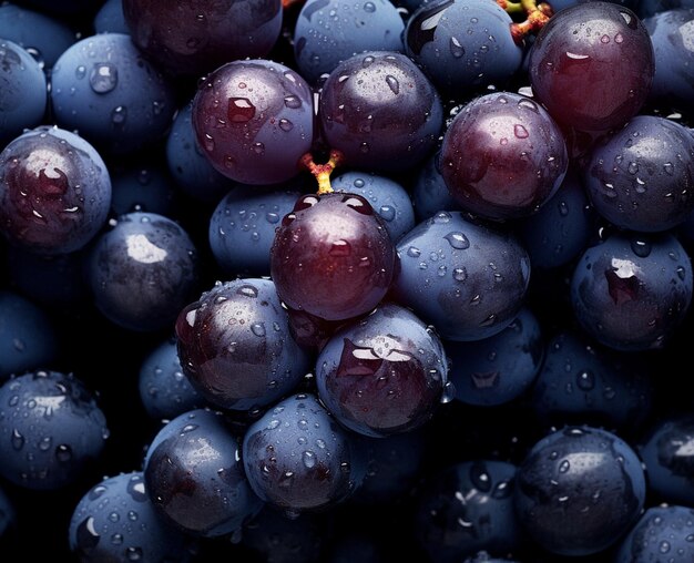 un bouquet de raisins bleus avec des gouttes d'eau sur eux