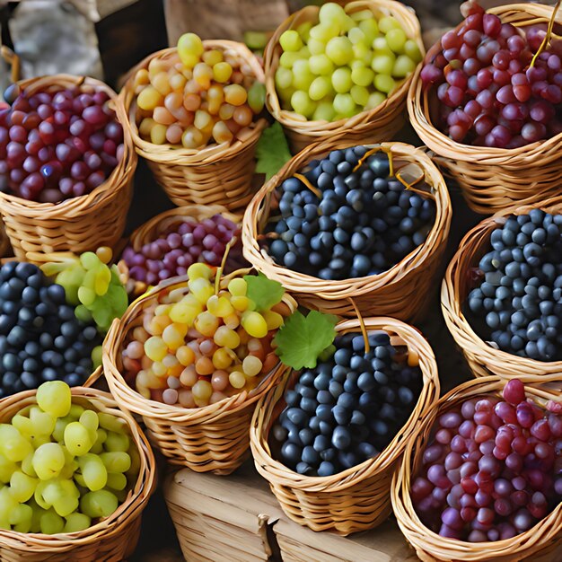 Photo un bouquet de raisins est dans des paniers avec une feuille verte