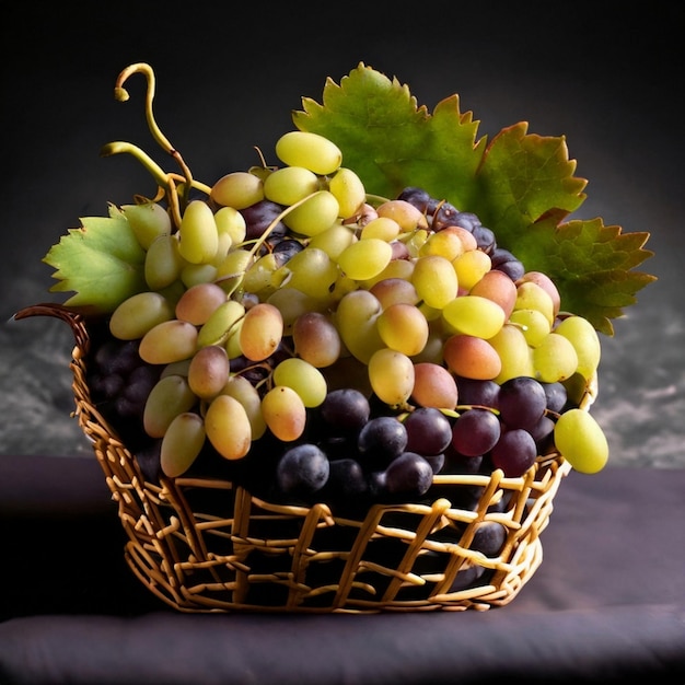 Bouquet de raisins noirs et de raisins dans un panier en osier isolé