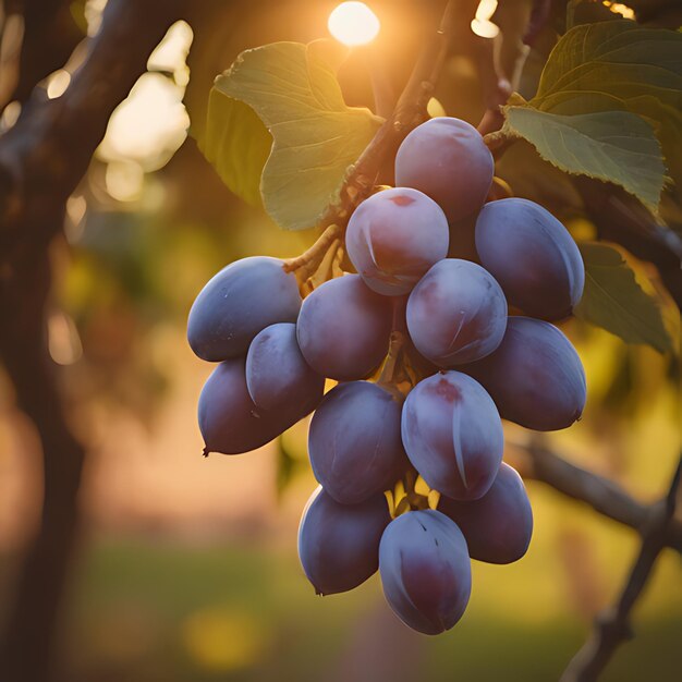 un bouquet de raisins qui sont accrochés à un arbre