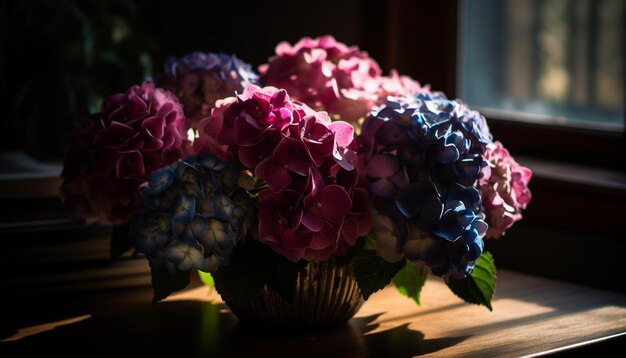 Photo bouquet romantique d'hortensias sur table en bois généré par l'intelligence artificielle