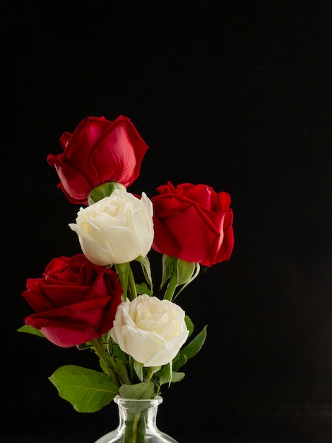 Bouquet rose rouge et blanc dans un vase en verre sur fond noir