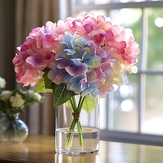 un bouquet rose violet et bleu dans un vase en verre
