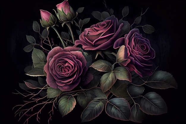 Bouquet de rose violet foncé classique vintage sur fond sombre IA générative