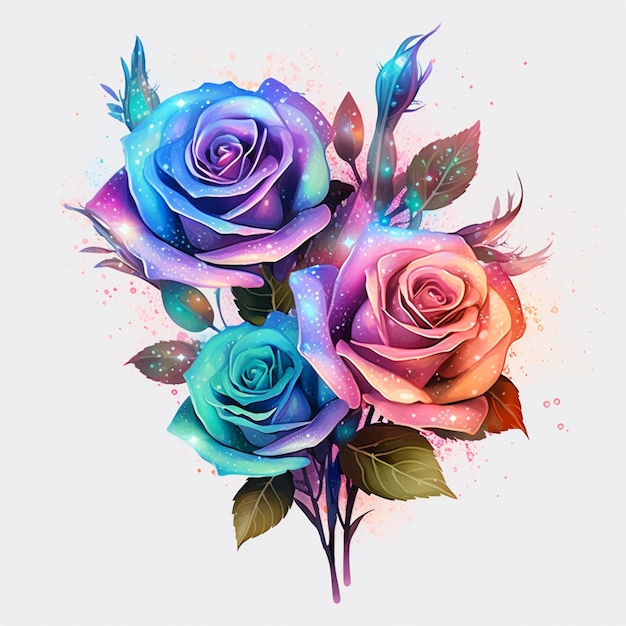 Un bouquet de roses aux couleurs rose, bleu et violet.