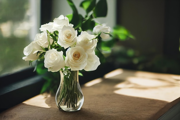 Bouquet de roses blanches dans un vase sur une table près de la fenêtre