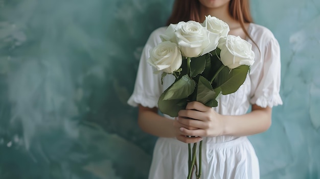 Un bouquet de roses blanches entre les mains d'une belle fille