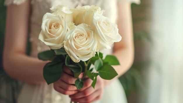 Un bouquet de roses blanches entre les mains d'une belle fille
