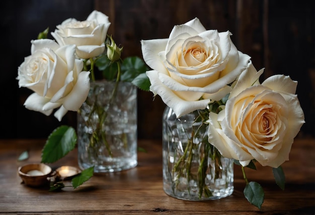 Photo bouquet de roses blanches sur un fond en bois