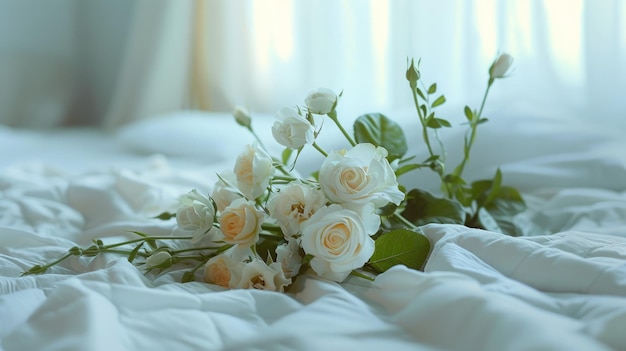 Un bouquet de roses blanches sur un lit avec un drap blanc