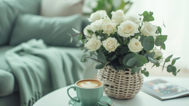 Bouquet de roses blanches avec une plante d'eucalyptus dans un panier de pastilles boho cappuccino dans une tasse vert menthe