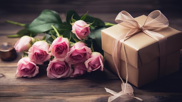 Un bouquet de roses et une boîte cadeau sur une table en bois