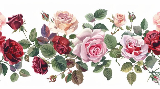 Bouquet de roses Bordure horizontale fleurs rouges mauves roses bourgeons feuilles vertes sur fond blanc Illustration moderne de style aquarelle