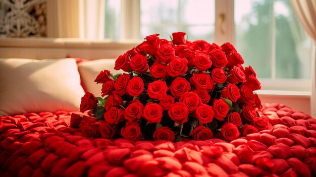 Un bouquet de roses un bouquet de rose sur le lit une lune de miel romantique et Saint