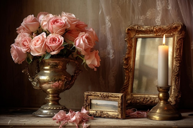 Bouquet de roses avec des cadres photo en laiton antique