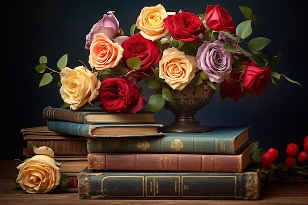 Bouquet de roses avec des cadres photo en laiton antique