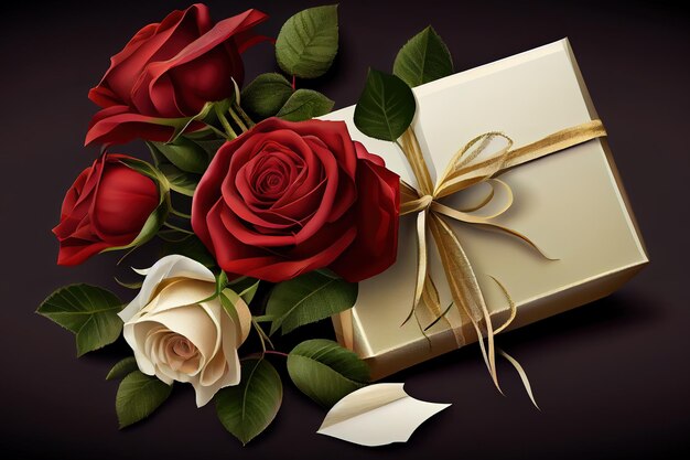 Bouquet de roses et coffret cadeau avec une étiquette vide Generative Ai