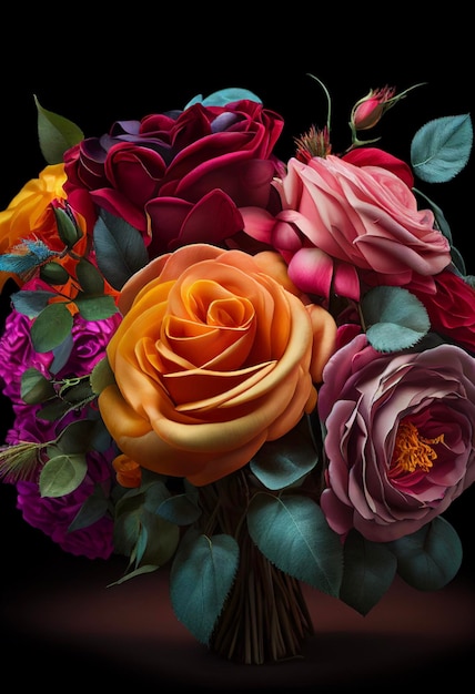 Un bouquet de roses de couleurs différentes dans un vase ai génératif