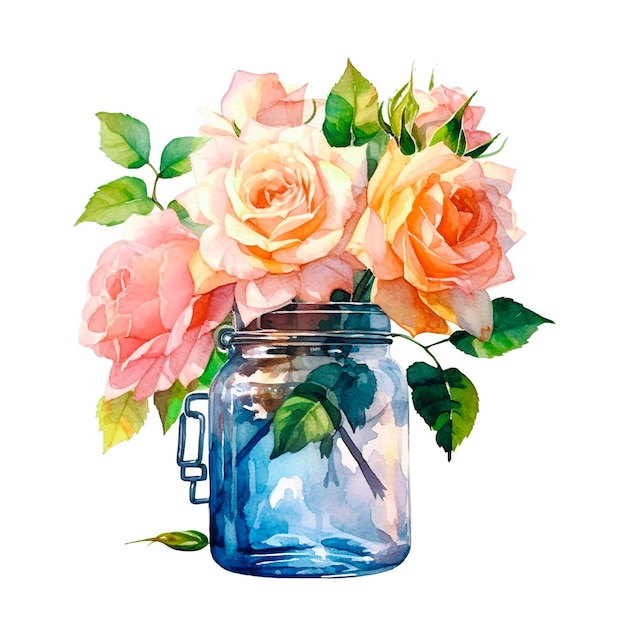 Bouquet de roses dans un pot en verre Illustration à l'aquarelle