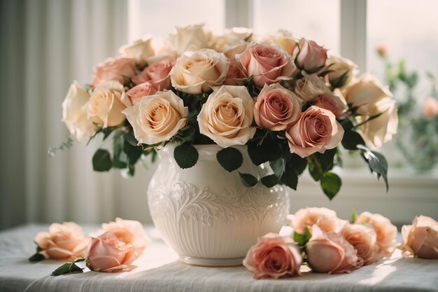 Bouquet de roses dans un vase blanc