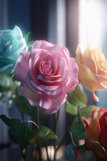 Bouquet de roses délicates dans la fenêtre de la chambre fond aéré léger AI générative