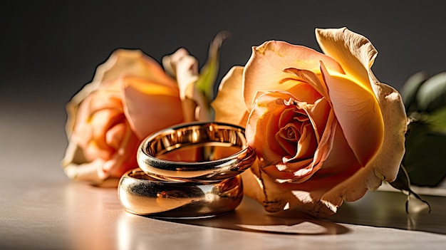 Photo un bouquet de roses et deux bagues en or sont posés sur une table.