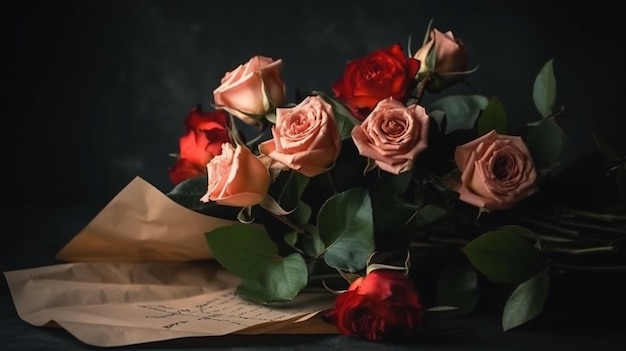 Bouquet de roses avec enveloppe blanche