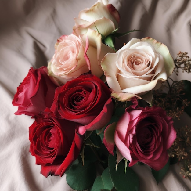 Un bouquet de roses est sur une feuille avec un fond blanc.