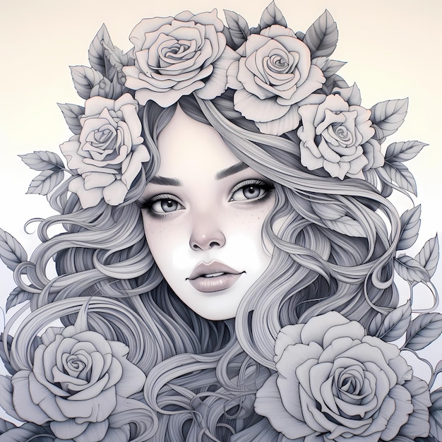 Bouquet de roses fantaisistes à colorier avec des roses de dessins animés en noir et blanc