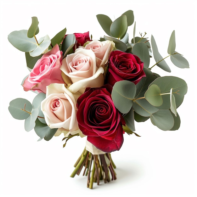 Bouquet de roses avec des feuilles d'eucalyptus