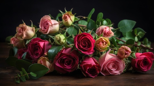 Un bouquet de roses sur fond noir