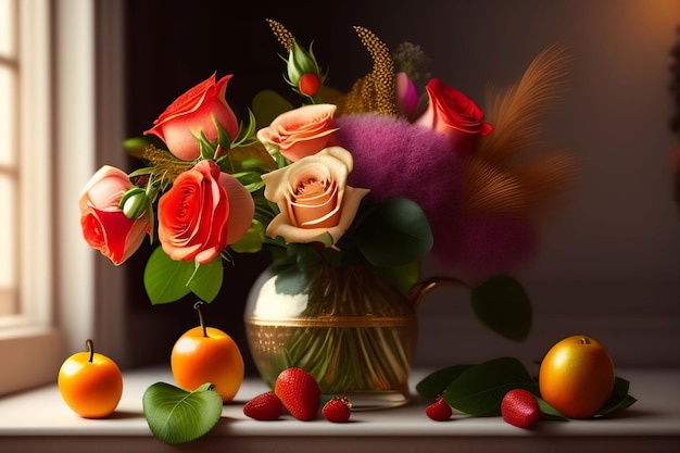 Un bouquet de roses et de fruits sur une table