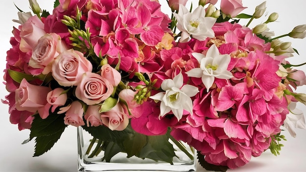 Photo bouquet de roses d'hortensias roses et d'eustomes blancs