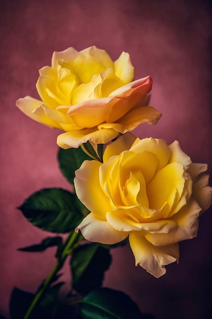 Bouquet de roses jaunes sur fond rose